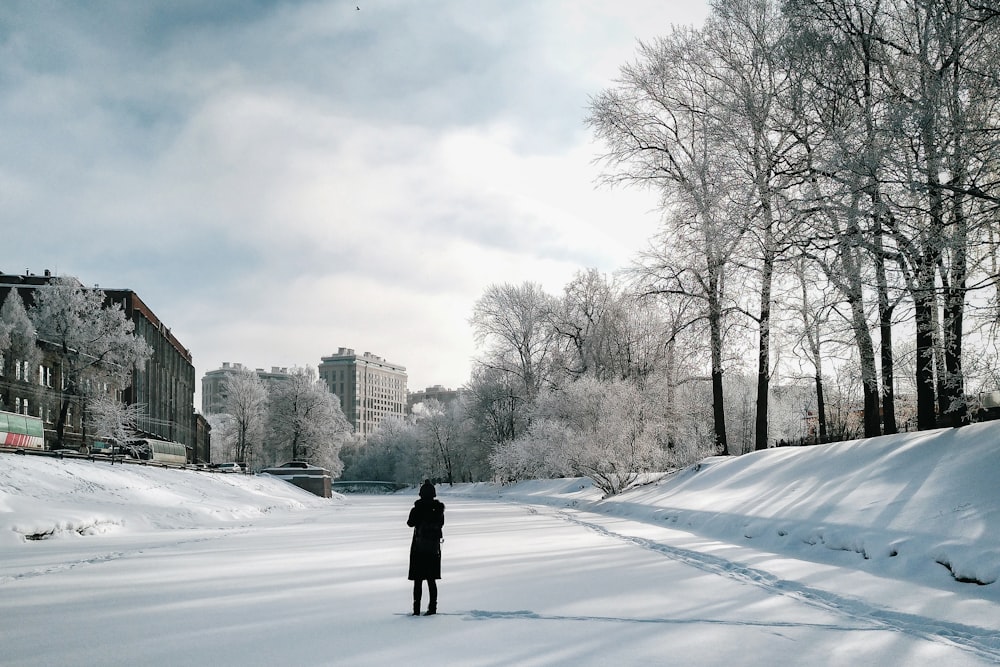 a person standing in the middle of a snow covered park