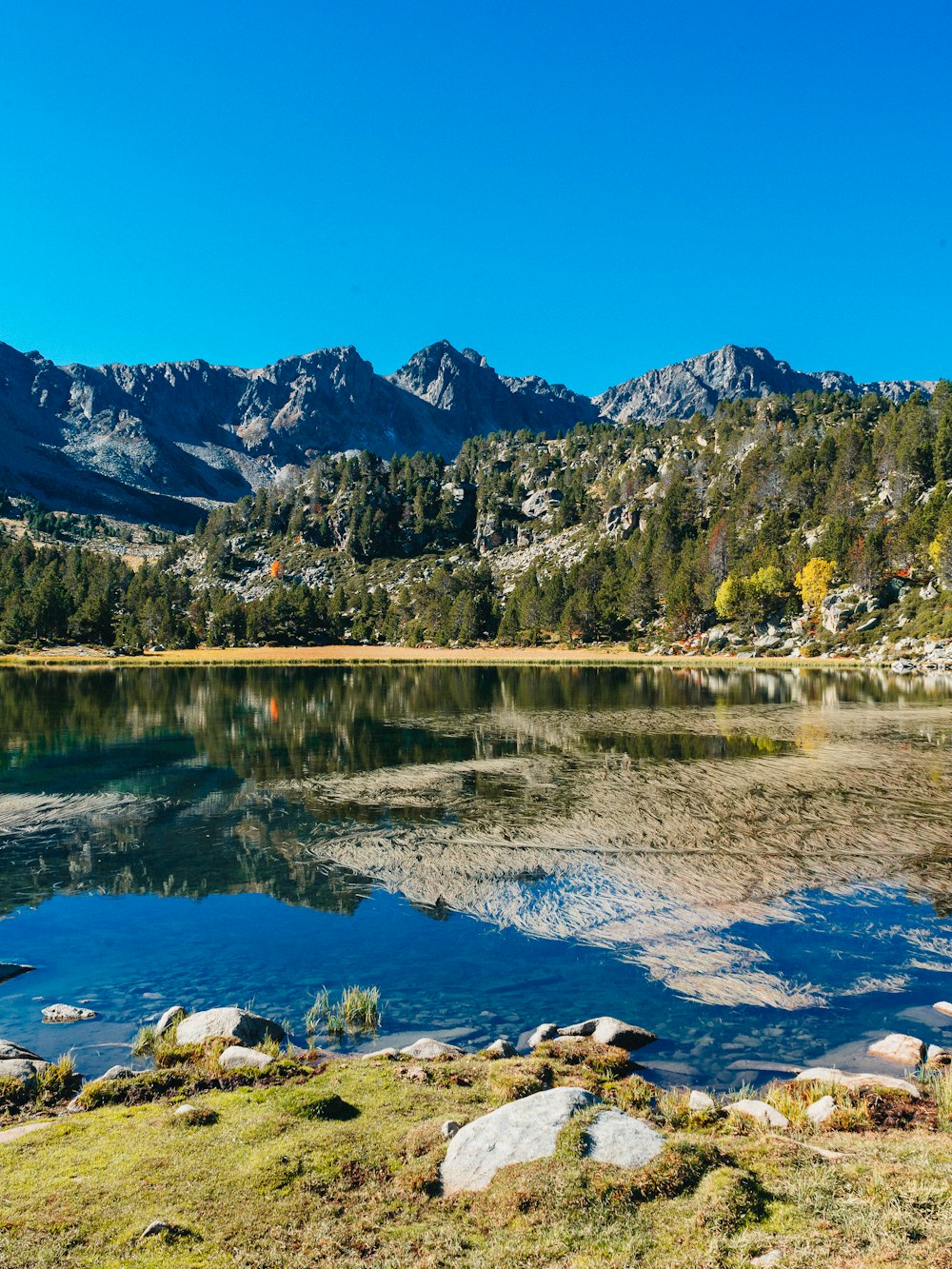 a lake surrounded by mountains and grass