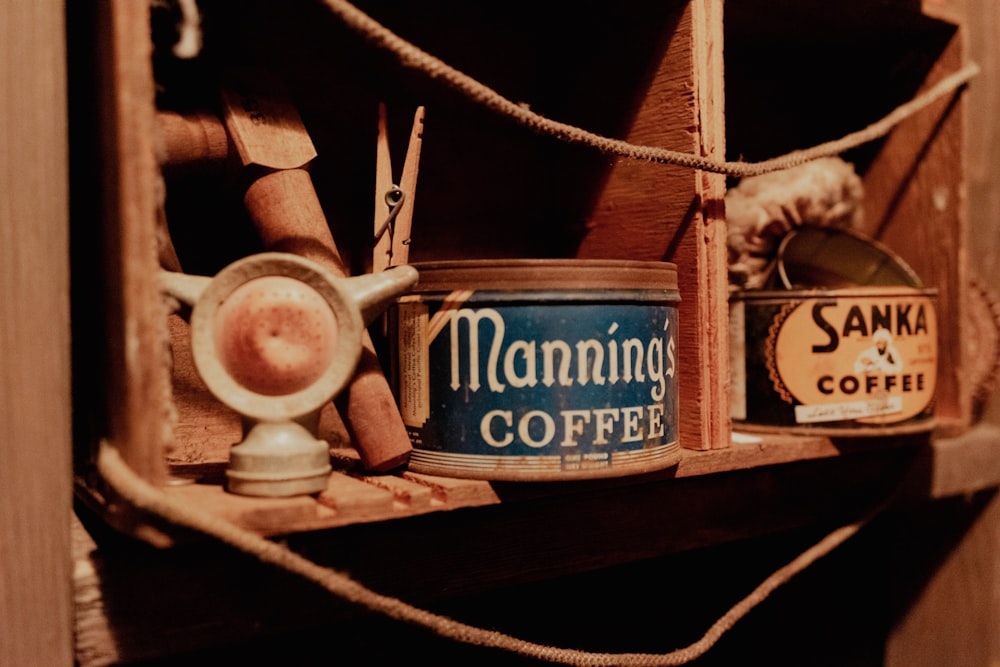 a close up of a cup of coffee on a shelf