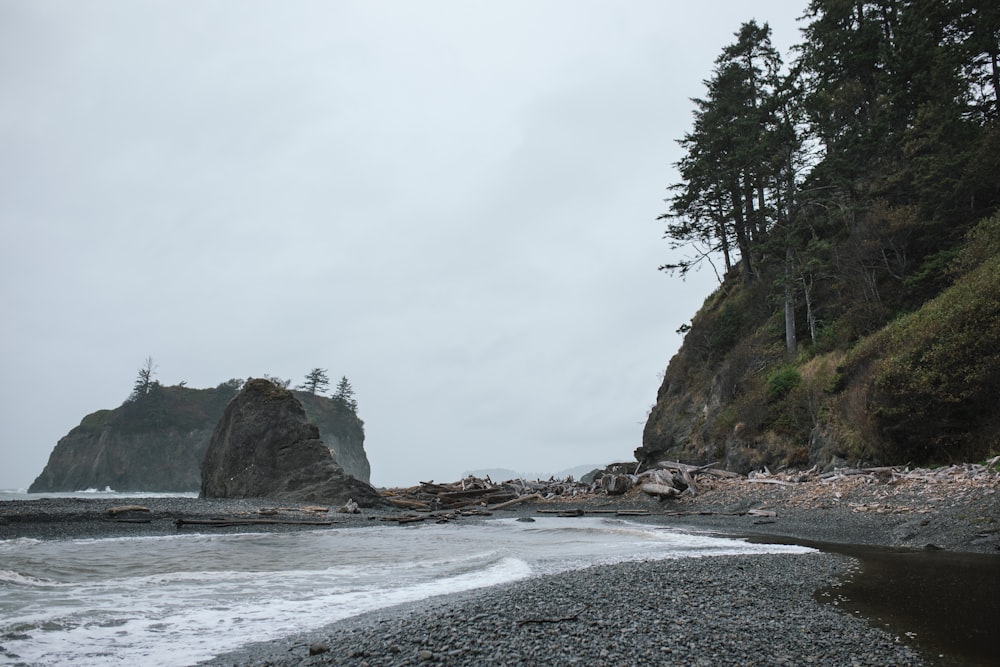 a rocky beach with a large rock formation in the background