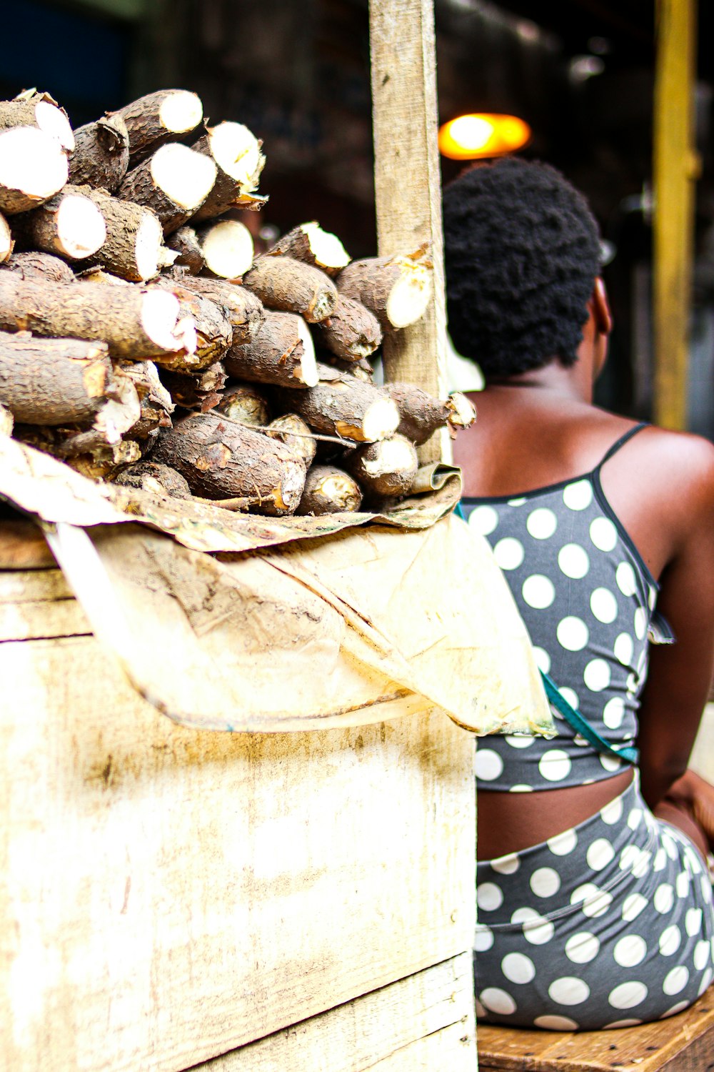 a woman sitting in front of a pile of logs