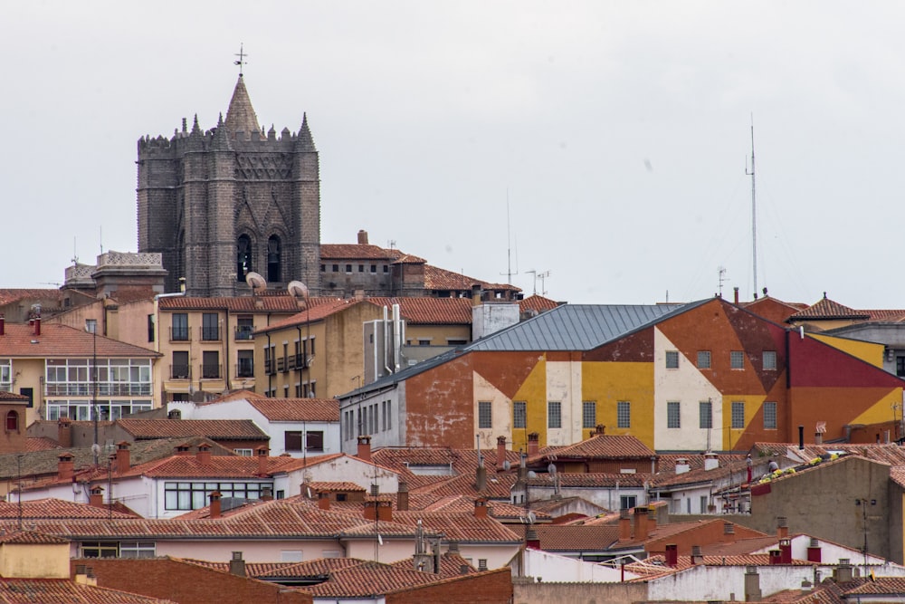 a view of a city with a cathedral in the background