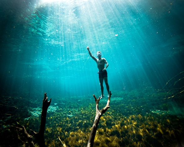 a man standing on a branch in the water