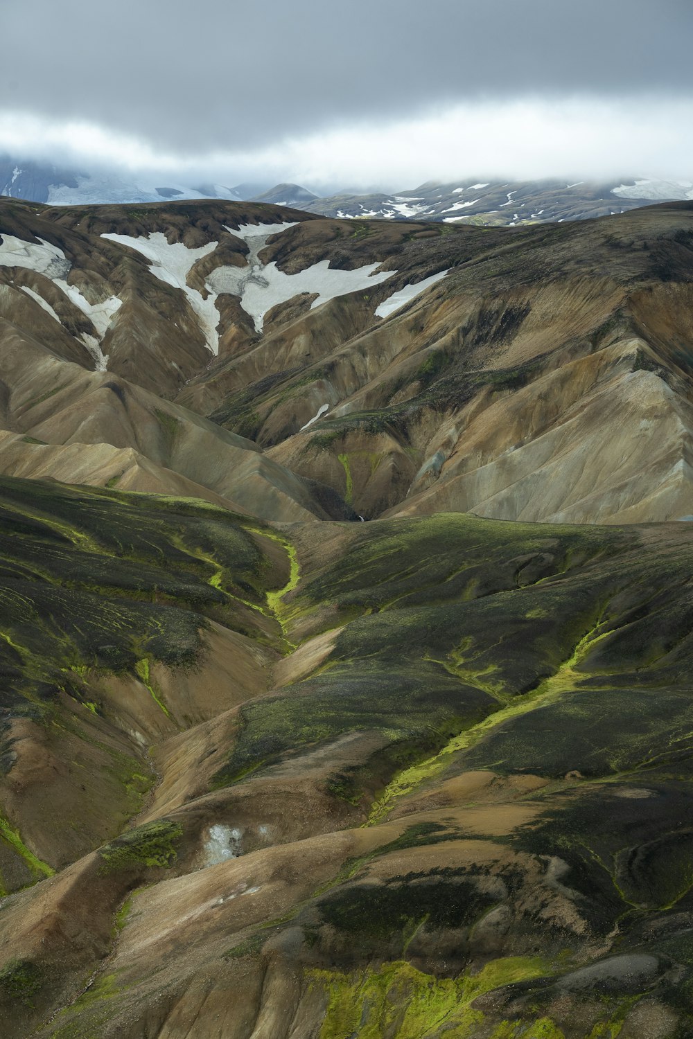 a view of a mountainous area with snow on the mountains