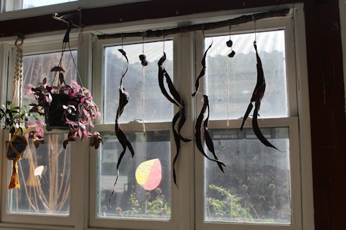 Finished macramé hanging swinging gently near a sunlit window.