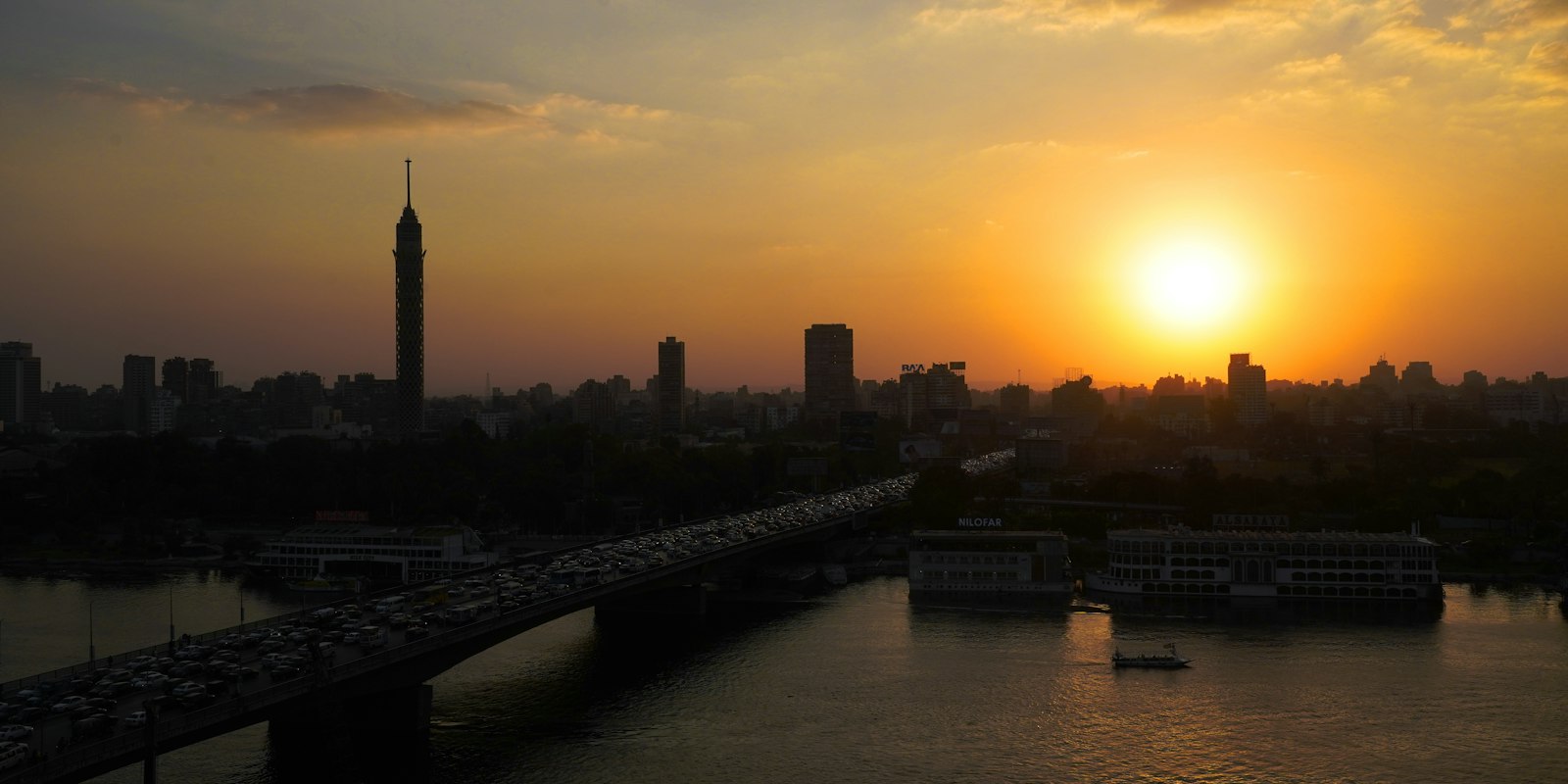 The sun setting over the Nile in Cairo