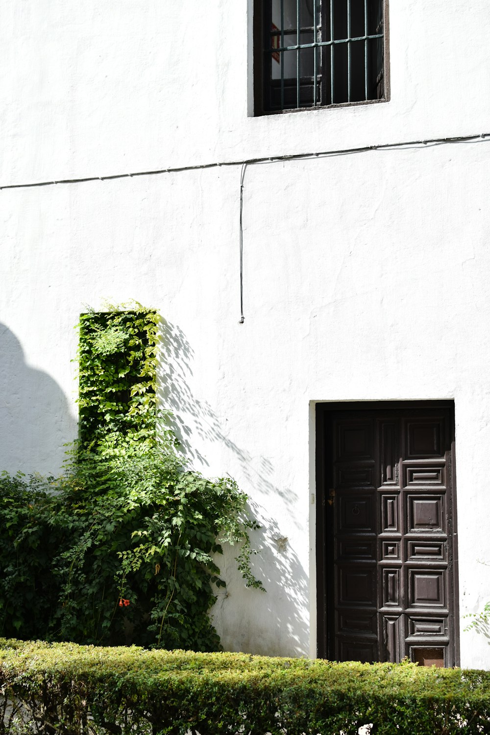 茶色のドアと窓のある白い建物