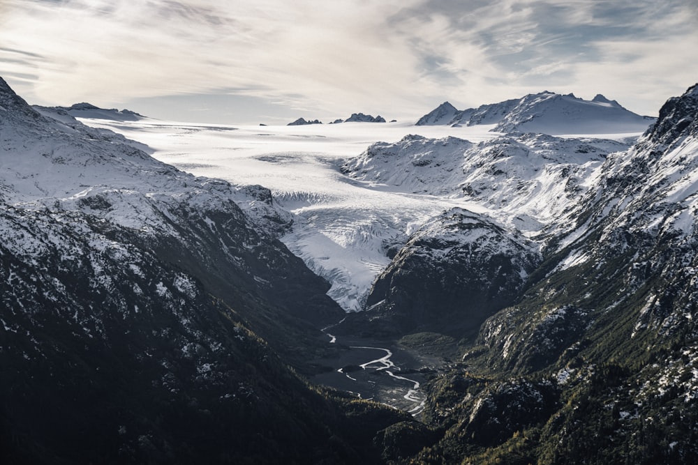 a snowy mountain range with a river running through it