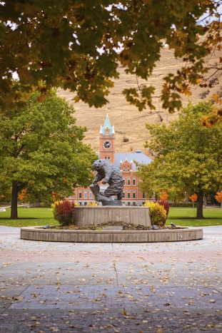 a statue of a horse in a park with a clock tower in the background