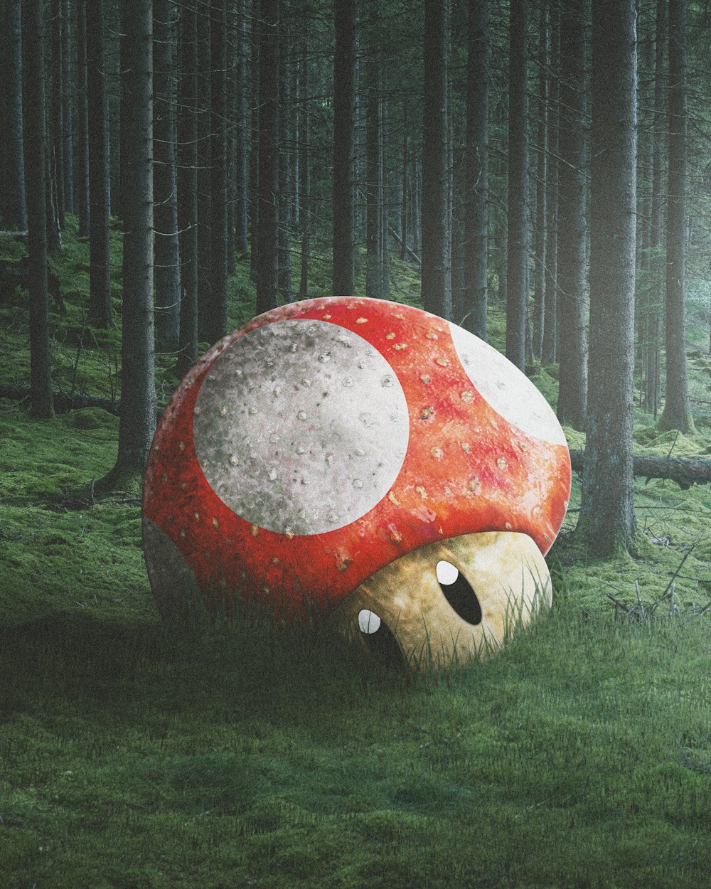 un champignon assis au milieu d’une forêt