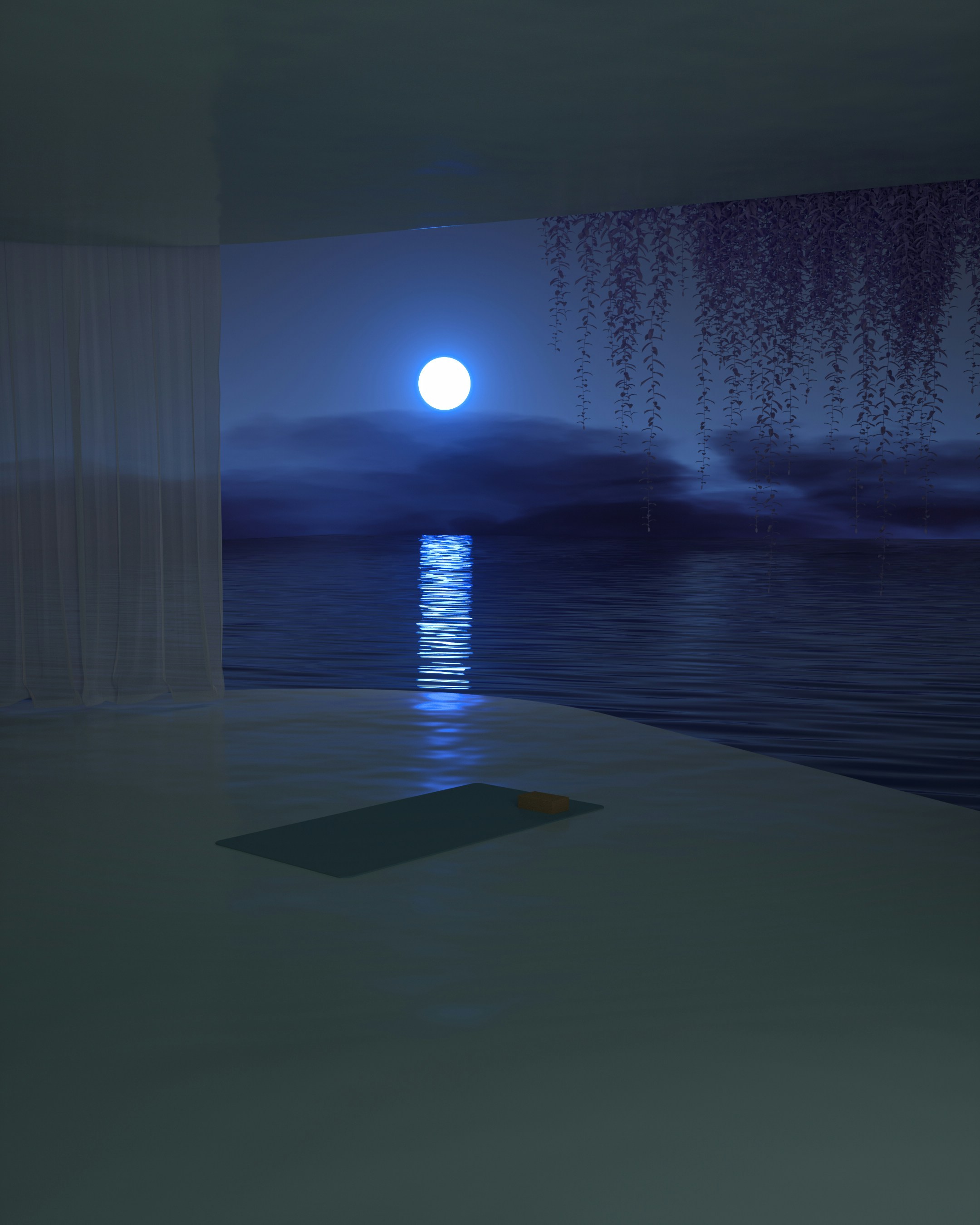 a room with a view of the ocean at night