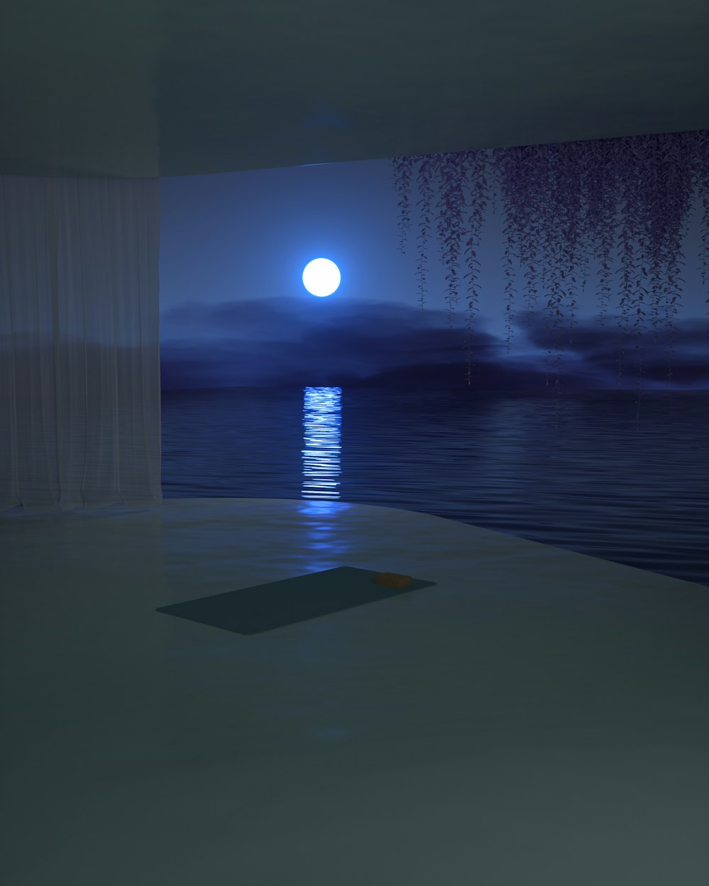 Una habitación con vistas al océano por la noche