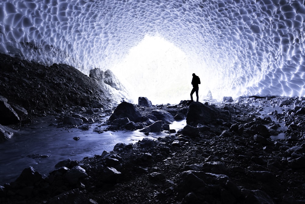 a man standing in the middle of a cave