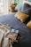 A cozy bedroom scene featuring a neatly made bed with dark blue bedding and gold cushions. A woven throw is draped over the corner of the bed, next to a paperback copy of 'Dune' by Frank Herbert and a pair of glasses. In the background, a potted plant sits atop a round side table, adding a touch of greenery to the setting. Natural light filters through white curtains, enhancing the warm and inviting atmosphere.