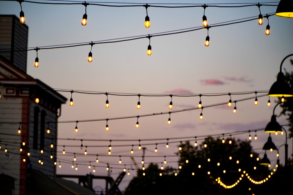 a bunch of lights that are on a wire