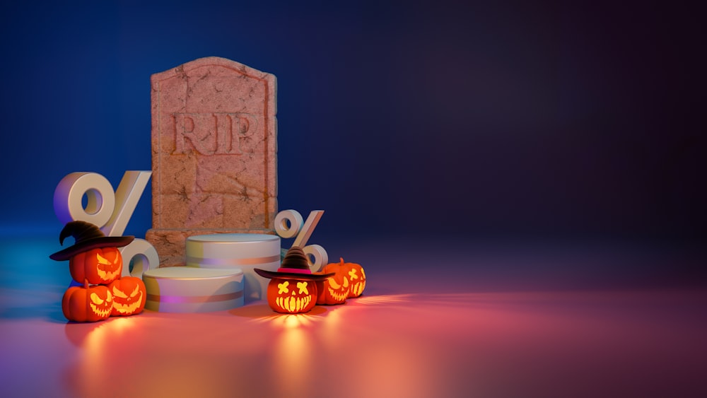 a halloween scene with pumpkins and a tombstone