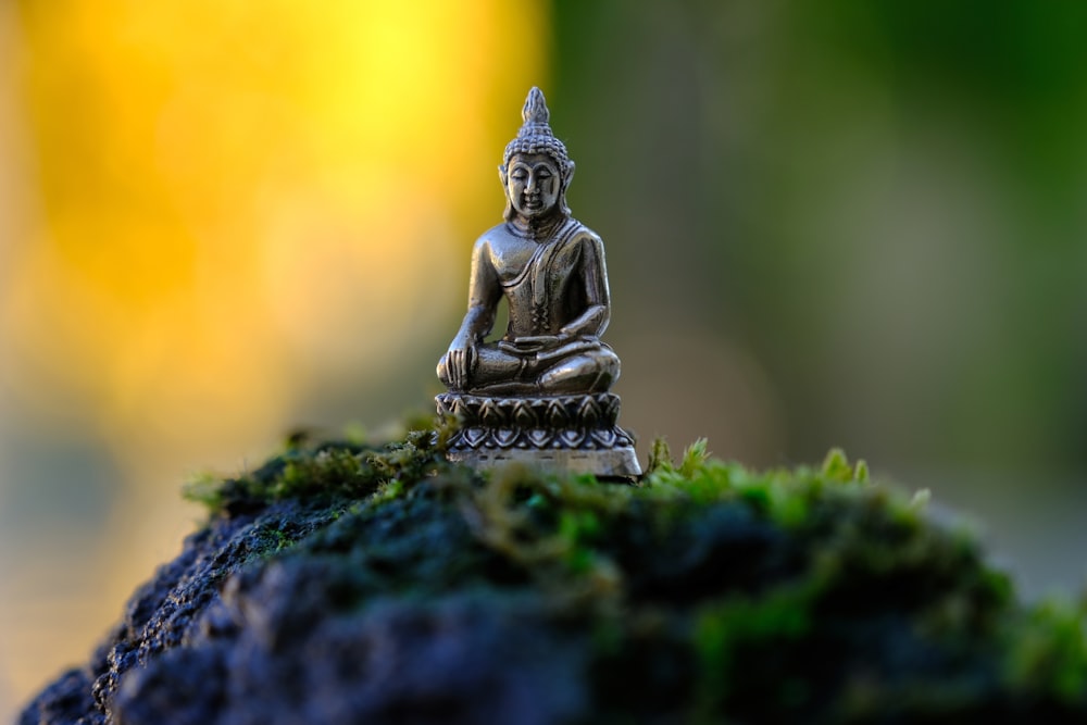 a small buddha statue sitting on top of a moss covered rock