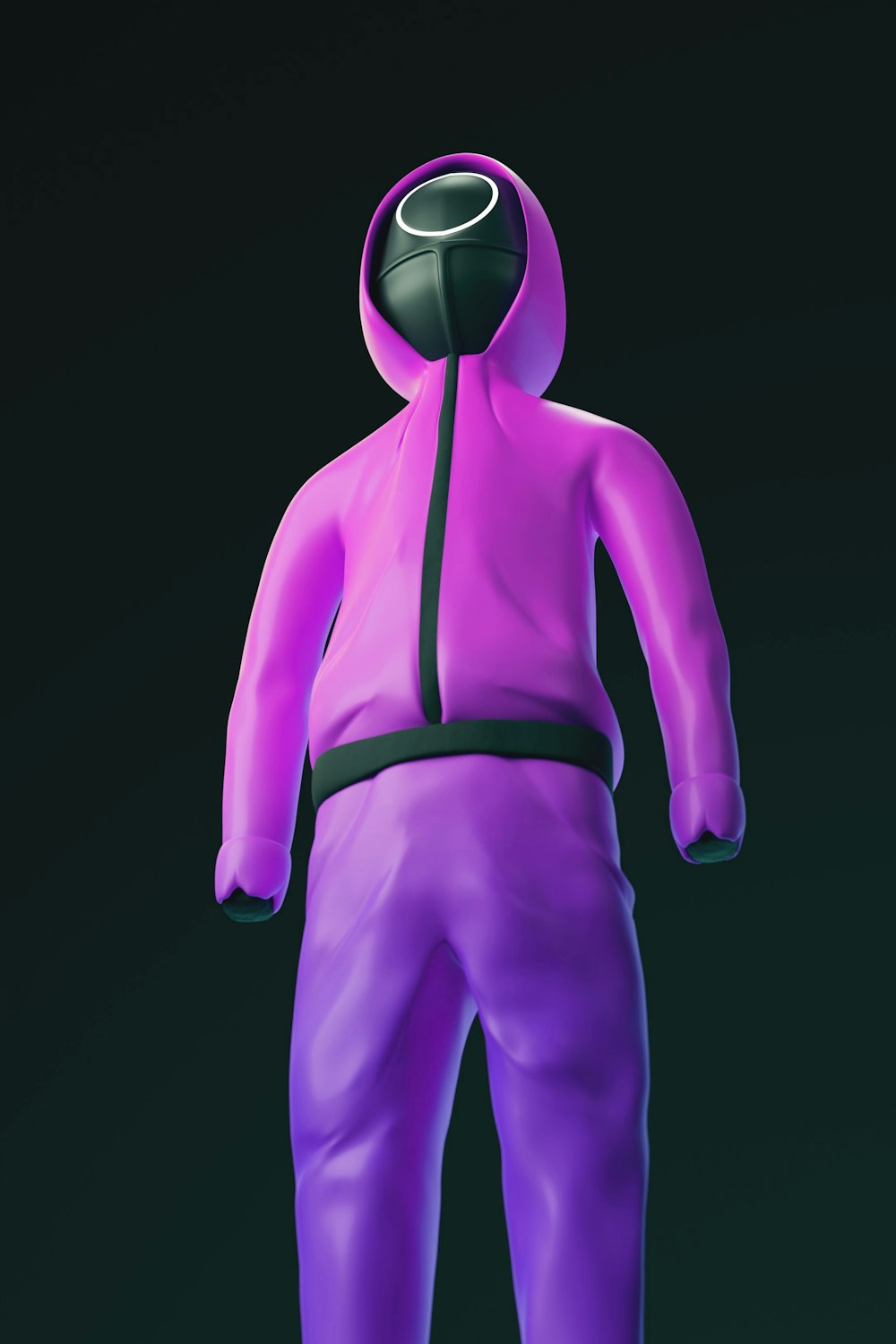 a person in a purple suit with a black hood