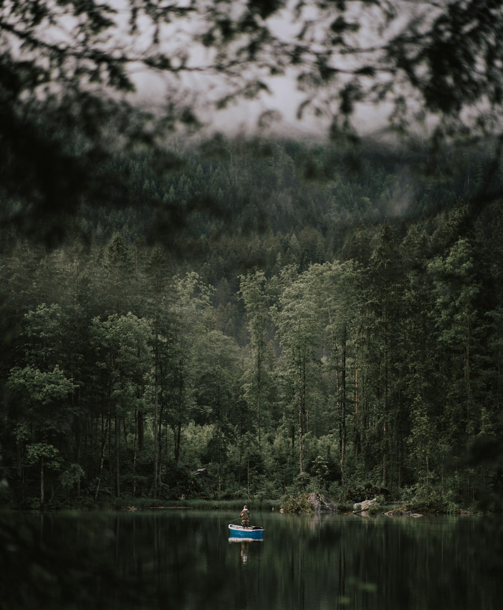 Un bateau flottant au sommet d’un lac entouré d’arbres