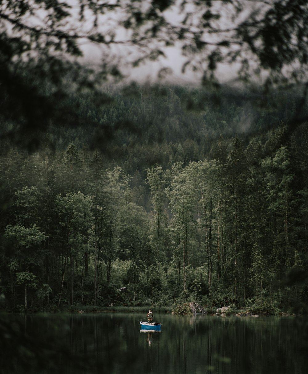 Una barca che galleggia sulla cima di un lago circondata da alberi