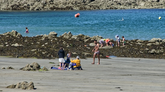 A group of coastal engineers collaborating on shoreline protection plans by the ocean.