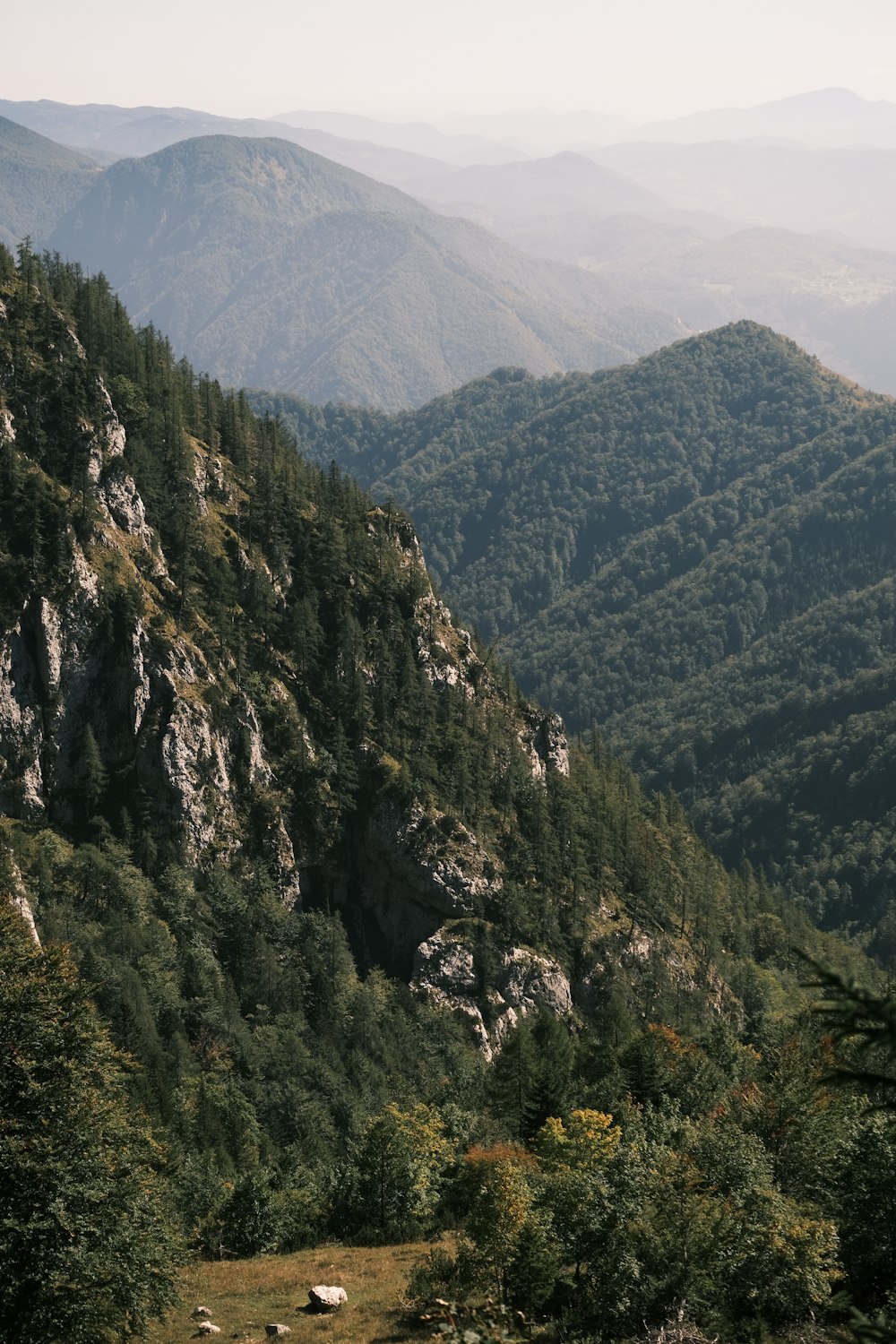 a view of a mountain range with trees and mountains in the background