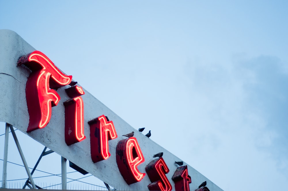 a large neon sign with birds sitting on it