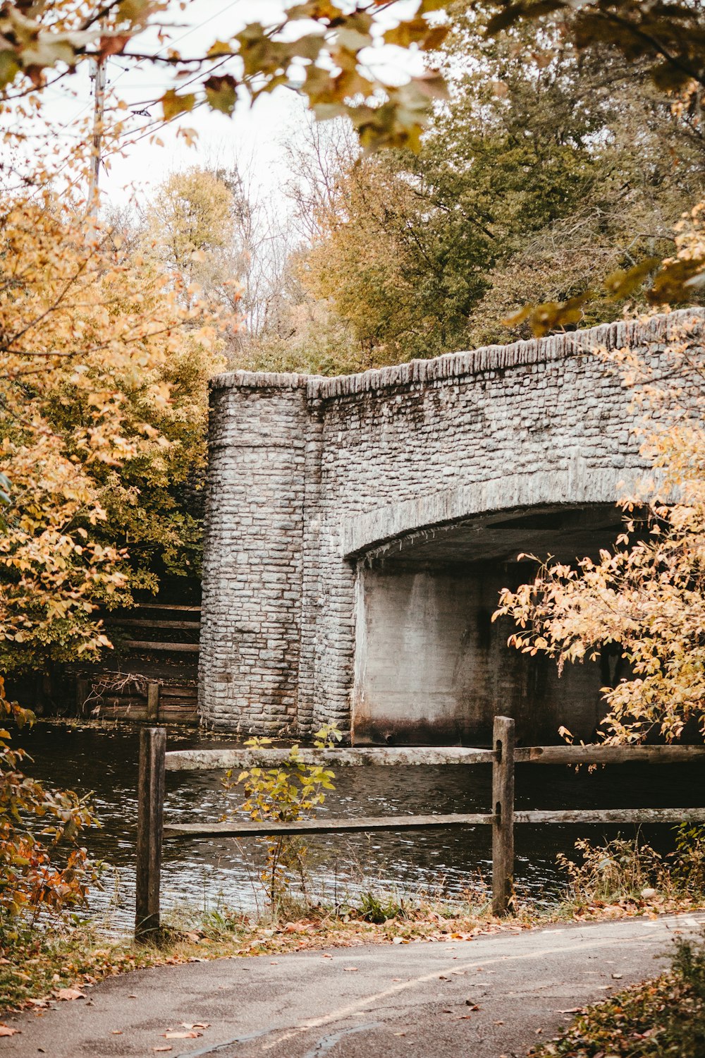 a stone bridge over a river surrounded by trees