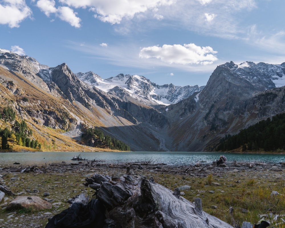 a mountain range with a lake in the foreground