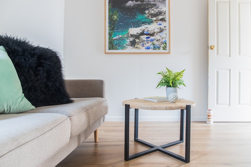 a living room with a couch and a table