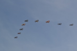 A group of smiling new pilots posing proudly beside their training planes after a successful lesson.