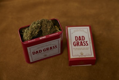 A red metal tin labeled 'Dad Grass' filled with dried hemp flowers sits next to a matching rectangular box. Both items feature vintage-style packaging design.
