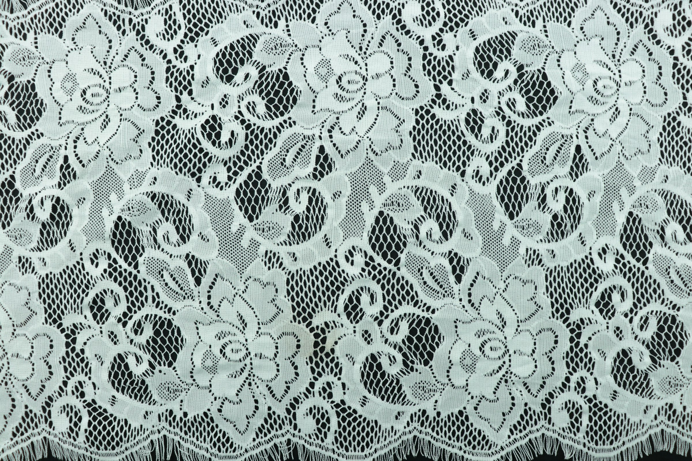 Close detail of white lace fabric.