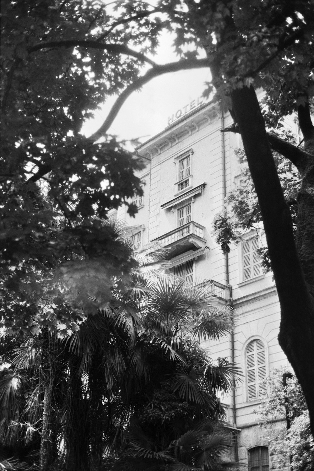 a tall building sitting next to a lush green forest