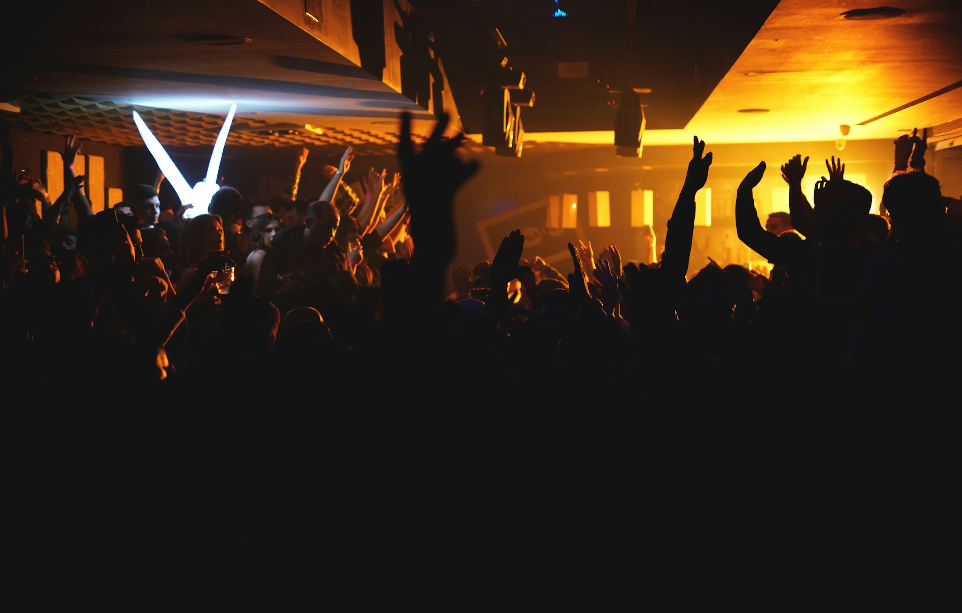 a crowd of people at a concert with their hands in the air