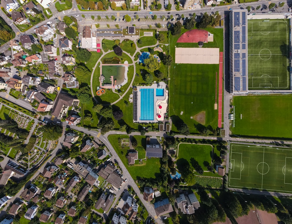 an aerial view of a soccer field and a soccer field