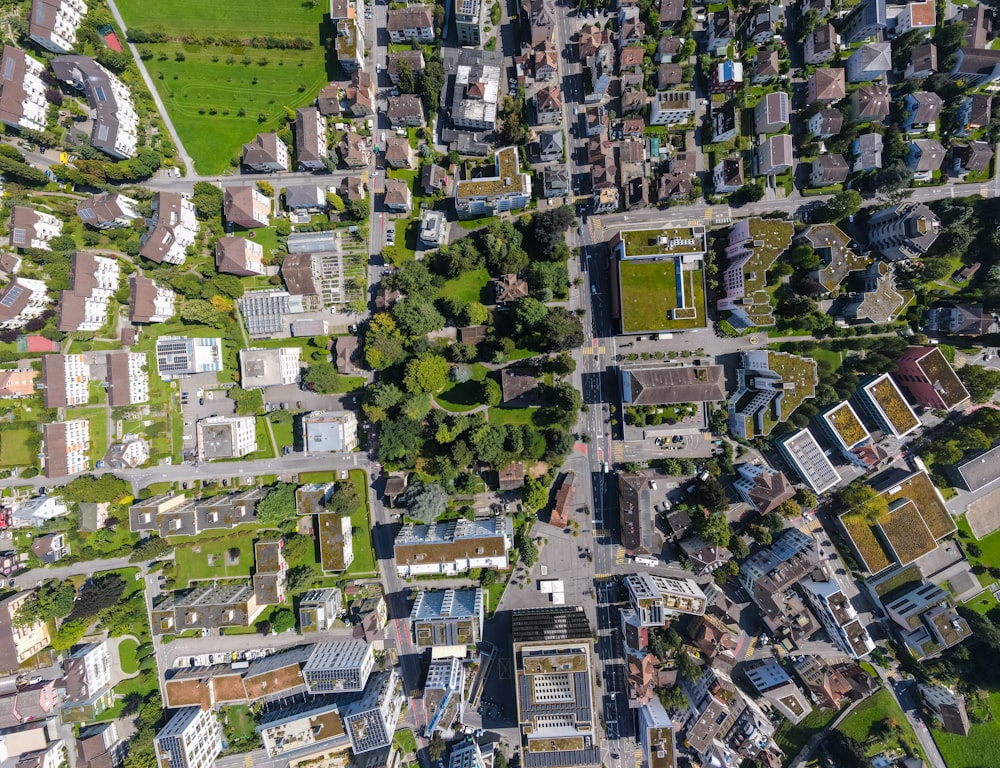 an aerial view of a city with lots of buildings