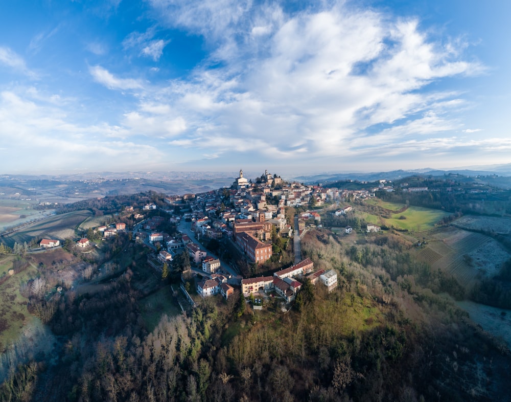 an aerial view of a small town surrounded by trees