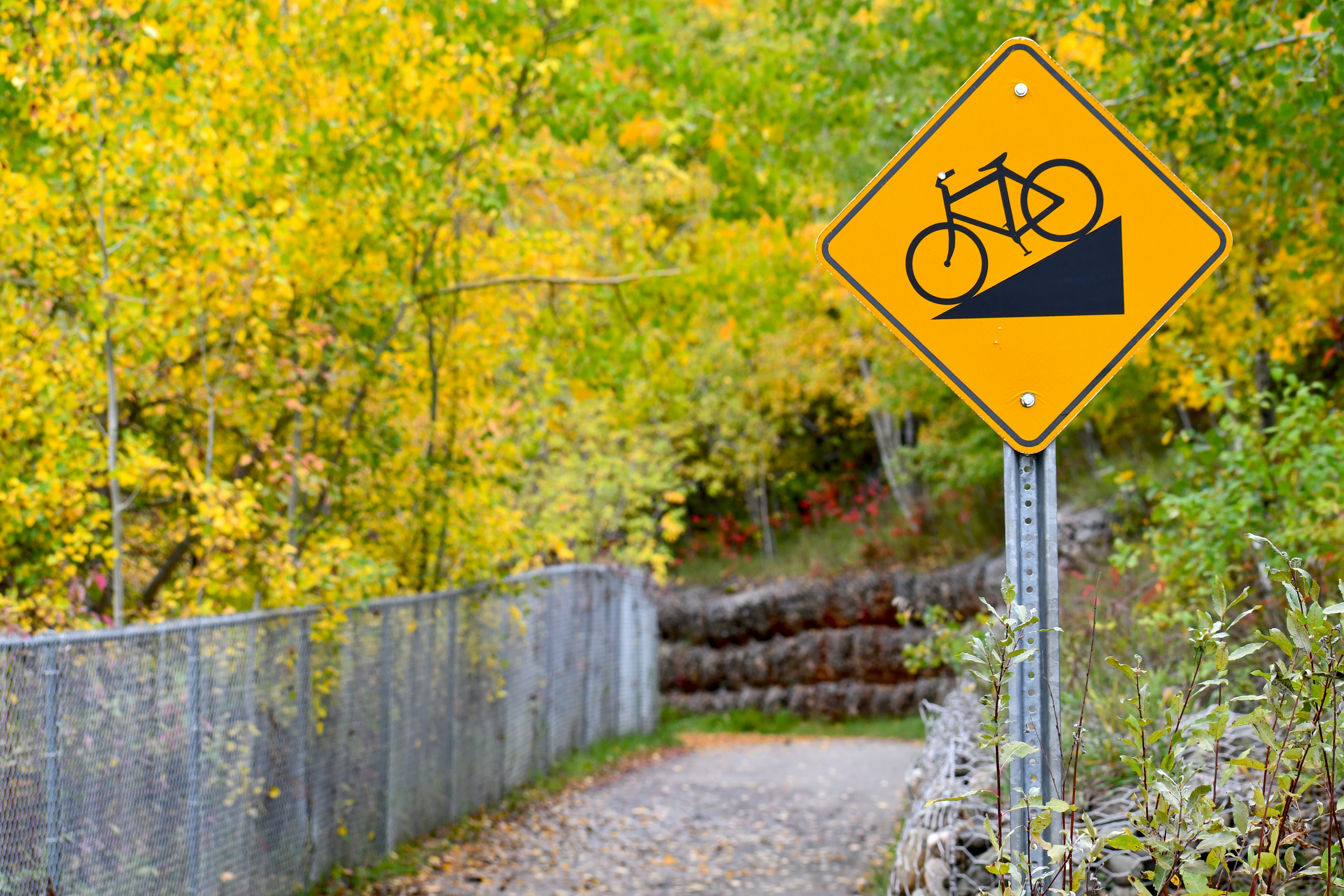 a yellow sign with a black triangle on it