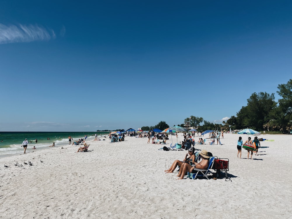 a group of people sitting on top of a sandy beach