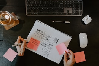 On a dark table, there's a keyboard and mouse, a notebook with a flowchart sketch labeled 'User Flow,' a hand holding a marker writing on a sticky note, a pencil, AirPods, and a glass of tea with a teabag.