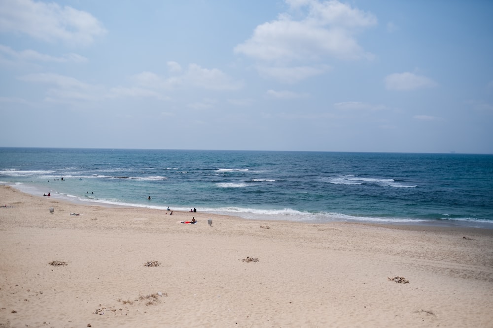 a group of people on a beach near the ocean