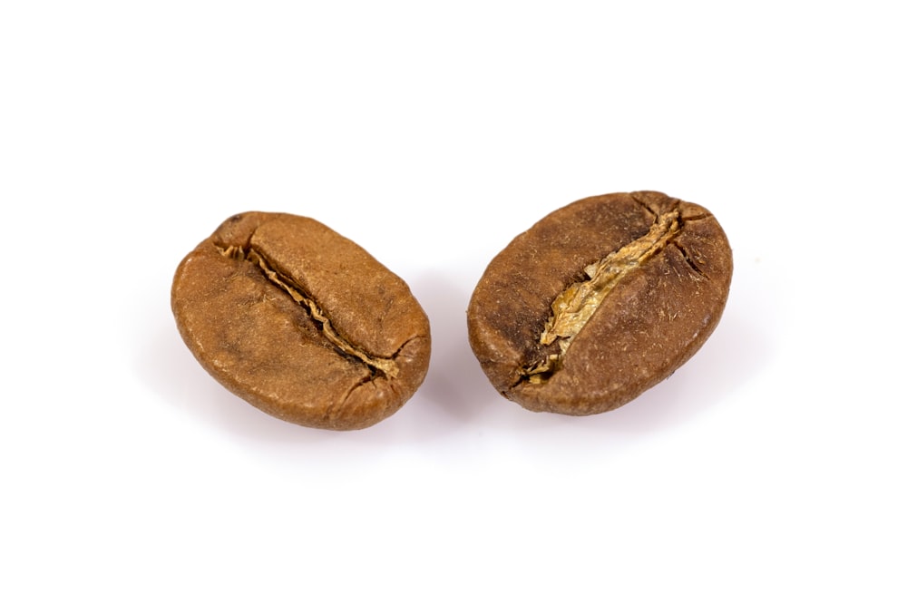 Dos granos de café sobre fondo blanco