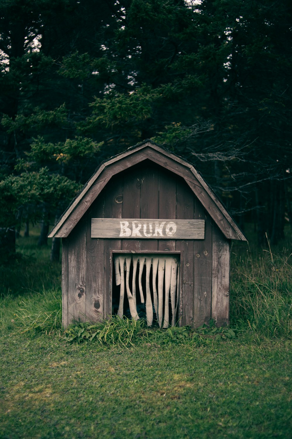 Ein Holzschuppen mit einem Schild mit der Aufschrift Brukko