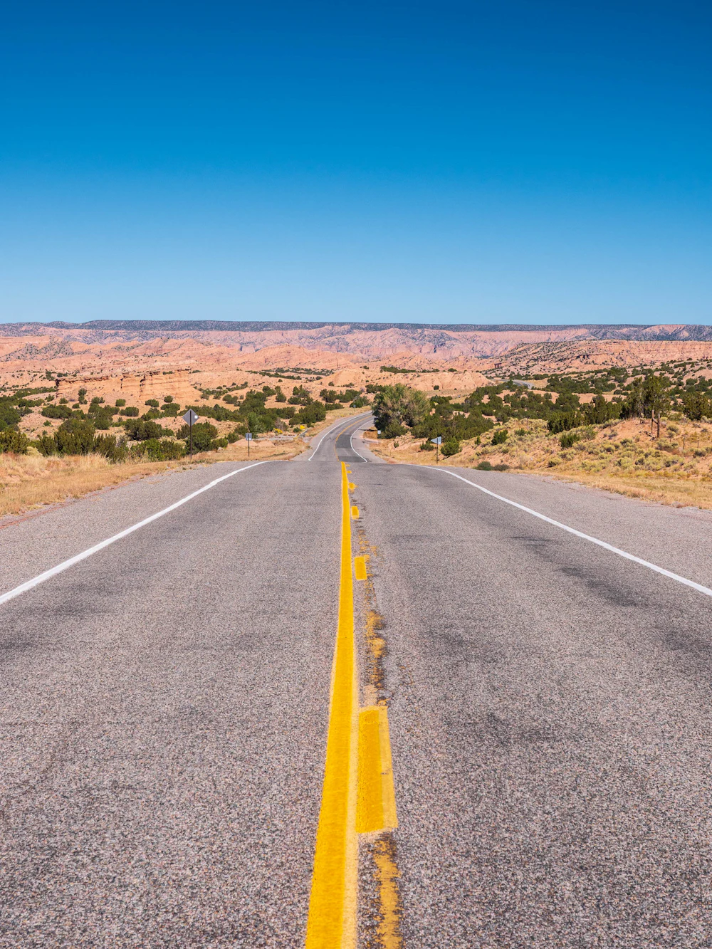 An empty road running straight through open desert.