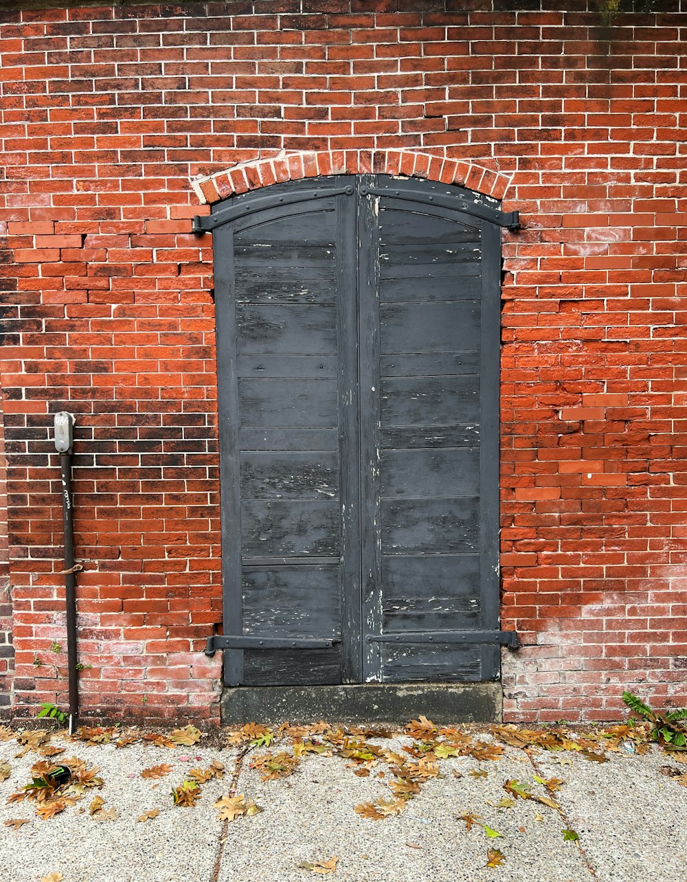 a brick wall with a black door and a parking meter
