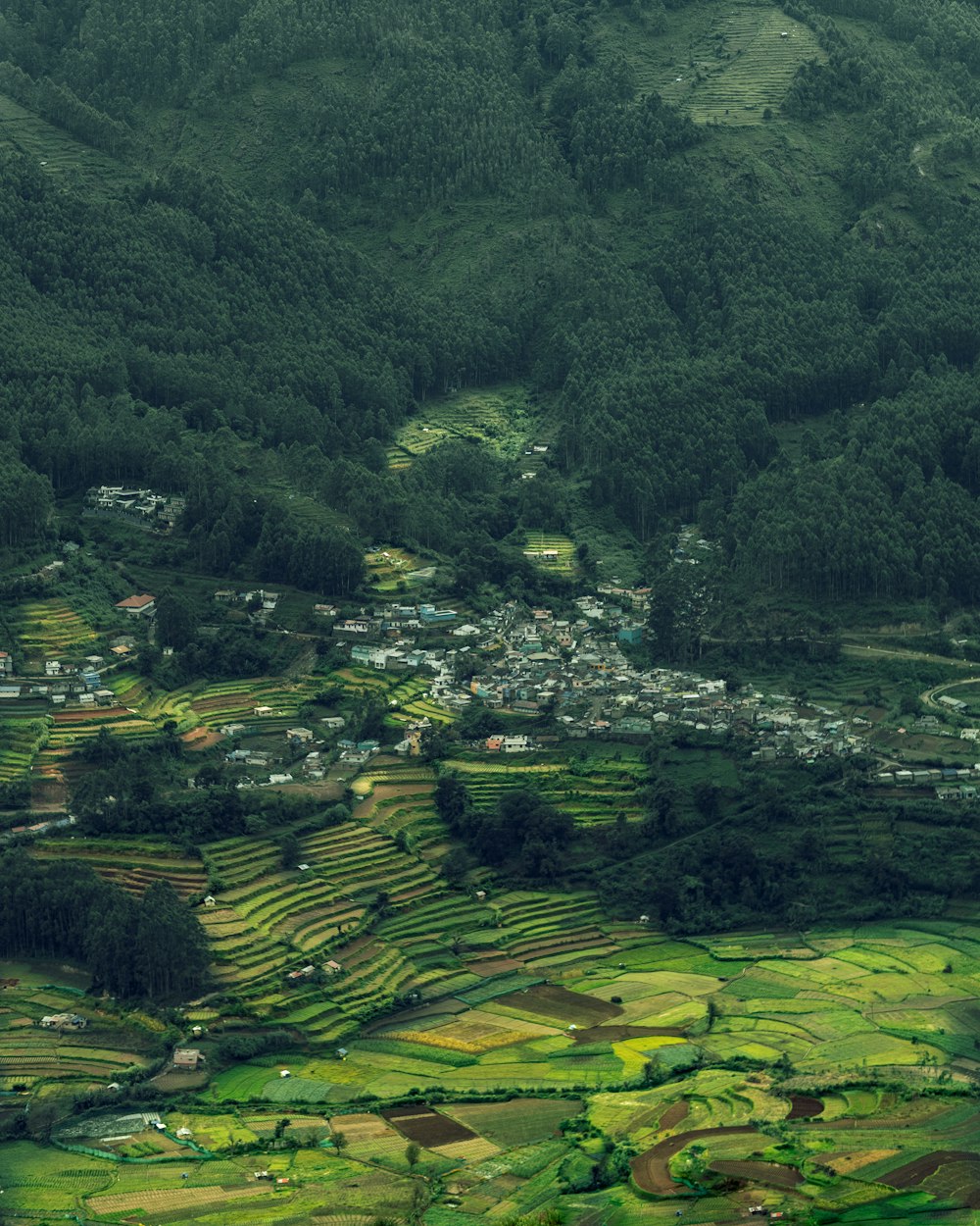 an aerial view of a village in the mountains