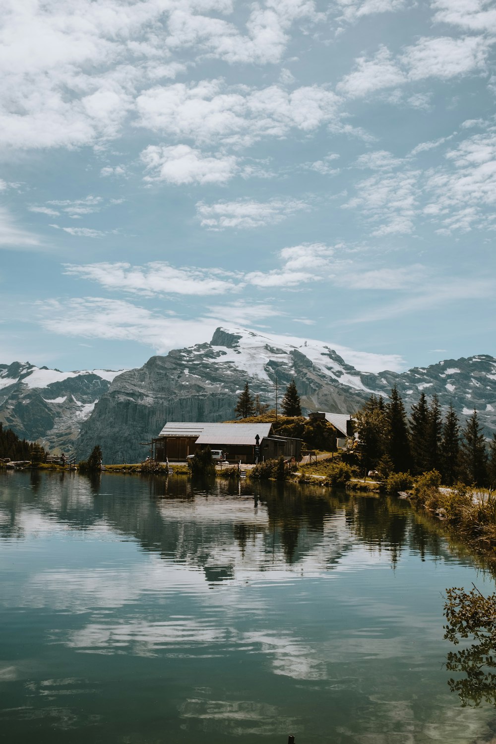 a lake with a mountain in the background