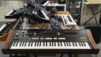 Close-up of vintage synthesizers and acoustic instruments used in Cyrus's compositions.