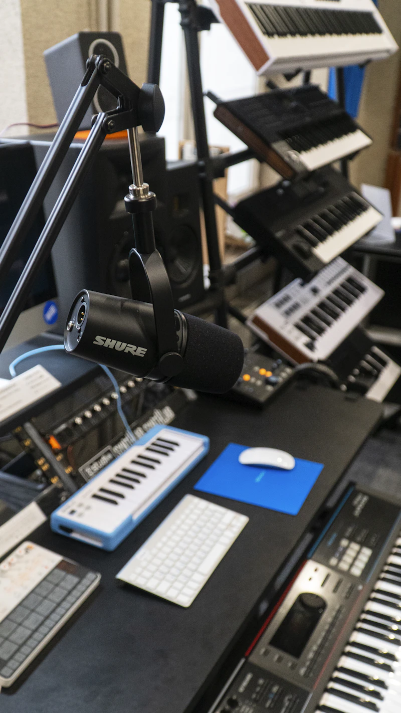 Piano and keyboard in a recording studio